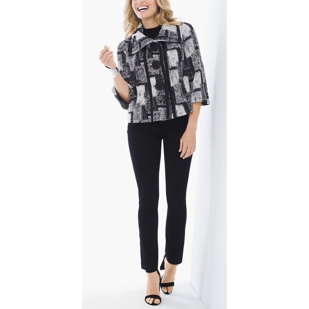 Chico's Jacket Women's 1 M Black‎ White Knit Jacquard Crop Travelers Collection